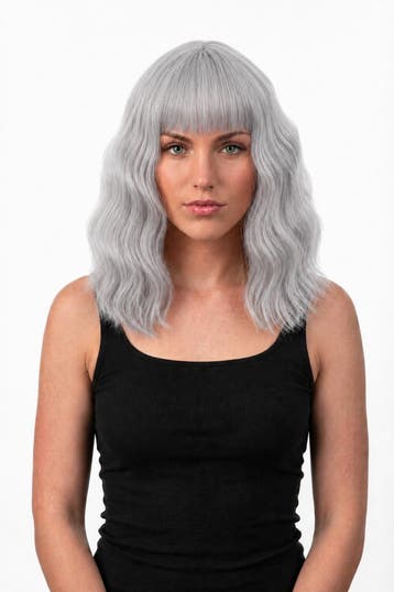 KIMU® Luxe Grijs Pruik Schouderlengte Rechte Pony Krullen Ou, Ophalen of Verzenden, Nieuw, Carnaval
