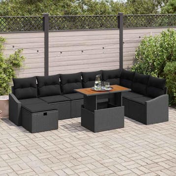 vidaXL Tuin Sofa Set 9 st Zwart poly rattan, Verzenden, Nieuw, Rotan, Meer dan 8 zitplaatsen