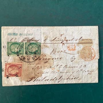 Frankrijk 1849 - 1,30 Fr brief van Parijs naar Philadelphia, Gestempeld