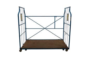 Blauwe rolcontainer / magazijnwagen met houten bodem, Nieuw