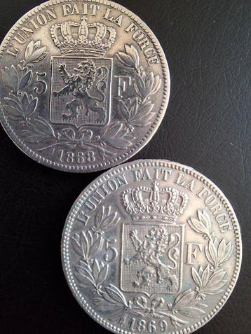 België. Leopold II. 5 Francs 1868/1869, 2 stuks (Zonder