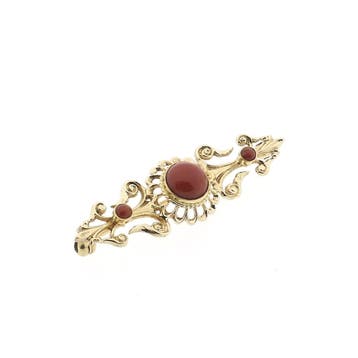 Gouden broche met bloedkoraal, Gebruikt, Overige kleuren, Ophalen of Verzenden, Met edelsteen