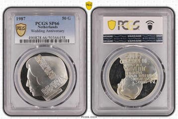 Koningin Beatrix 50 gulden 1987 Proefslag 50 jaar huwelijk, Postzegels en Munten, Koningin Juliana, Verzenden, Zilver, Losse munt