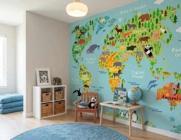 Wereldkaart behang – dieren in heldere kleuren, Overige merken, Modern, Ophalen of Verzenden, Dieren