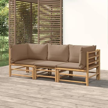 vidaXL 3-delige Loungeset met kussens bamboe taupe, Verzenden, Nieuw, Hout, Loungeset