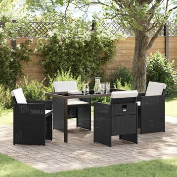 vidaXL Tuin eettafelset met kussen 5 pcs Zwart poly rattan, Verzenden, Nieuw, Rotan, 5 zitplaatsen
