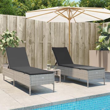 vidaXL Ligstoelen 2 st met kussen poly rattan lichtgrijs, Verzenden, Nieuw