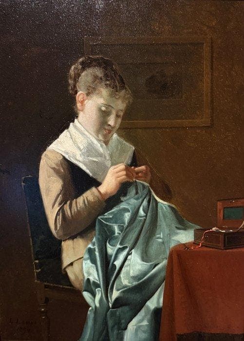 Louis Lampe (1840- na 1898) - The seamstress, Antiek en Kunst, Kunst | Schilderijen | Klassiek