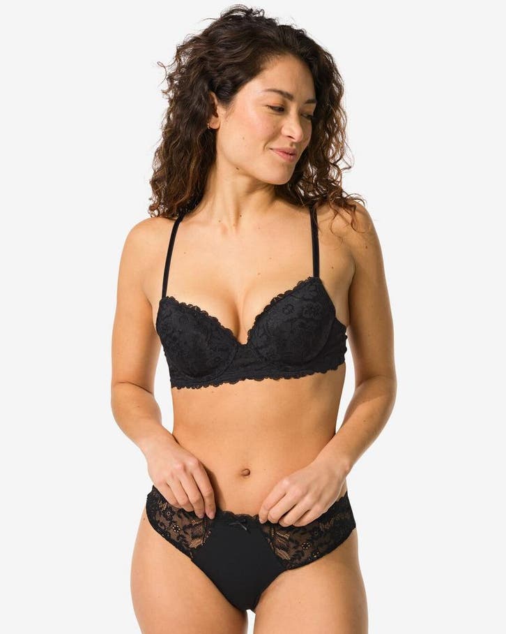 HEMA Damesstring micro met kant zwart 3+1 gratis, Kleding | Dames, Ondergoed en Lingerie, Verzenden