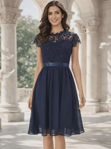 Elegante Zomer Midi Jurk met Korte Mouwen, Kant en A-lijn -, Verzenden, Nieuw