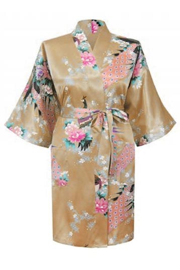 KIMU® Kimono Goud Kort S-M Yukata Satijn Boven de Knie Korte, Ophalen of Verzenden, Nieuw, Maat 36 (S), Carnaval