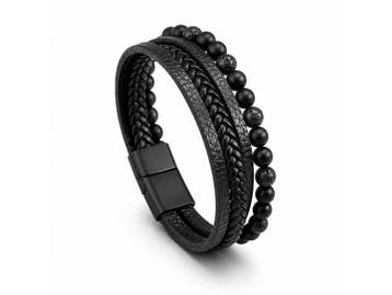 Veiling - Heren Armband Zwart Gevlochten Design met Kralen, Nieuw