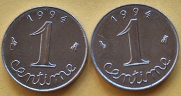 Frankrijk. 1 Centime 1994 BU abeille (lot de 2 monnaies)