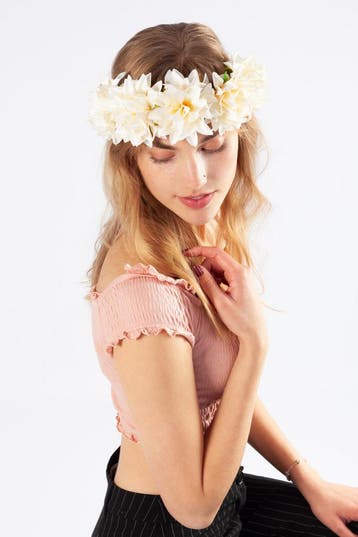 KIMU® Bloemenkrans Haar Dahlia Wit Witte Bloemen Haarband Di, Ophalen of Verzenden, Nieuw, Carnaval, Accessoires