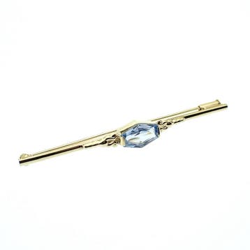 Vintage gouden lange smalle broche met aquamarijn, Gebruikt, Ophalen of Verzenden, Met edelsteen, Goud