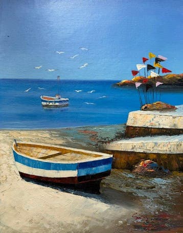 Samuel Santos ( 1968 - ) - Barque sur la plage, petit port