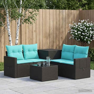 vidaXL Bankstel 6 st Zwart en Blauw Poly Rattan en Staal, Verzenden, Nieuw