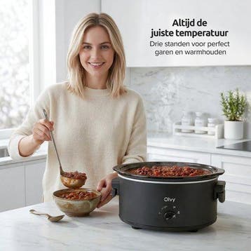 Slowcooker met Timer - 6L - Glazen deksel - Zwart - Olvy, Verzenden, Zo goed als nieuw