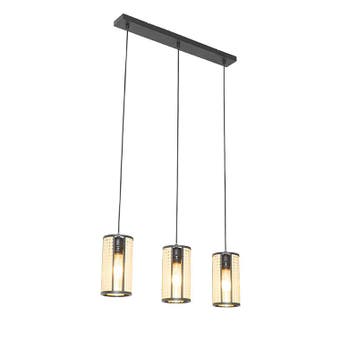 Oosterse hanglamp zwart met rotan 3-lichts langwerpig -, Verzenden, Nieuw, Oosters