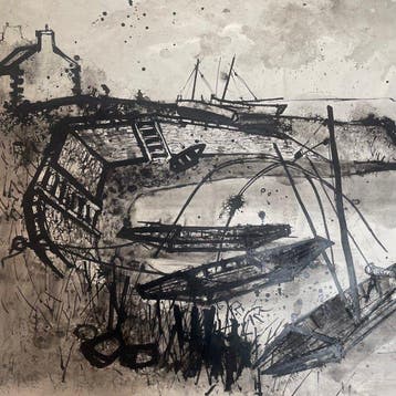 Yves Ganne (1931-2019) - Bateaux dans une anse, port,, Antiek en Kunst