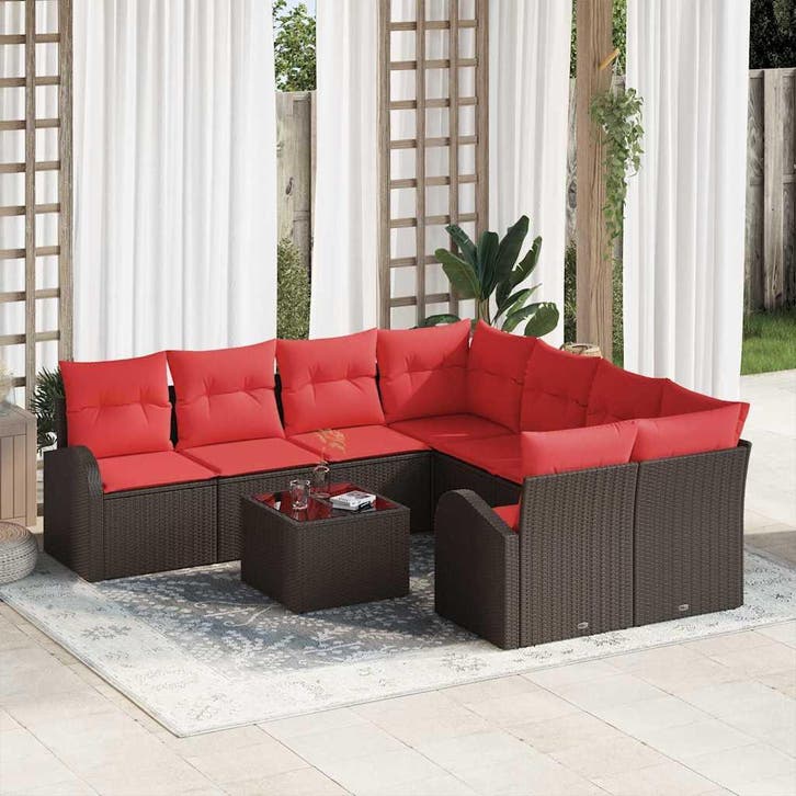 vidaXL Bankstel 9 pcs Bruin en Rood Polyester, Tuin en Terras, Tuinsets en Loungesets, Nieuw, Meer dan 8 zitplaatsen, Rotan, Verzenden