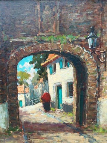 Arnout van Gilst (1898-1981) - Vrouwtje door de stadpoort, Antiek en Kunst