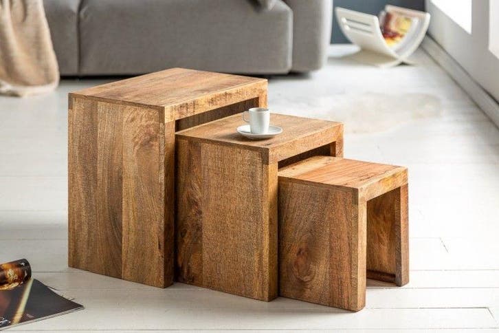 Stevige set van 3 bijzettafels MAKASSAR 45cm mango, Huis en Inrichting, Tafels | Sidetables, Ophalen of Verzenden