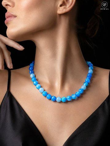 Blauwe chalcedoon kralenketting - 925 sterlingzilver -
