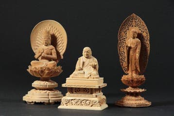 Wooden Buddhist Sculptures Set of 3 – Amitabha Buddha,