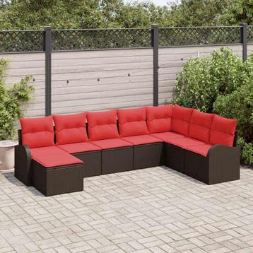 vidaXL Bankstel met kussen met opslag 8 pcs Bruin en Rood, Verzenden, Nieuw, Rotan, 8 zitplaatsen