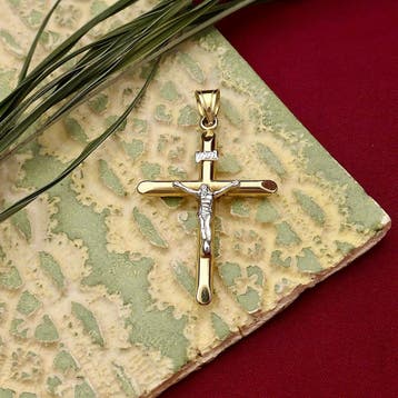 Bicolor gouden hanger van een kruis met corpus | INRI, Ophalen of Verzenden, Gebruikt, Goud, Overige merken