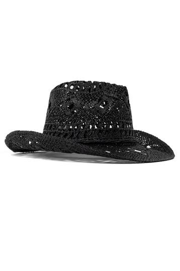 KIMU® Cowboyhoed Raffia Zwart Zwarte Gevlochten Stro Cowboy, Ophalen of Verzenden, Nieuw, Overige maten, Carnaval
