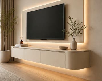 Japandi Tv Meubel zwevend (BEIGE-WALNOOT-WALNOOT TRAVERTIN), Japandi, Nieuw, Ophalen of Verzenden, 200 cm of meer