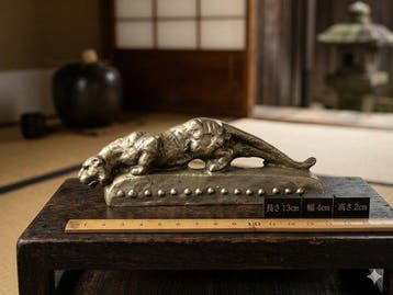 Japanese Nickel Silver Crouching Tiger Statue Paperweight