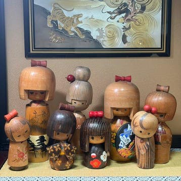 Set van 8 vintage Japanse creatieve Kokeshi-popjes - Lint-