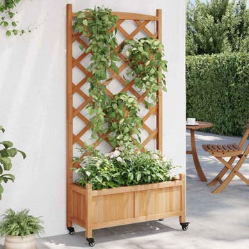 vidaXL Plantenbak met latwerk en wielen massief vurenhout, Verzenden, Nieuw, Hout, Minder dan 60 cm