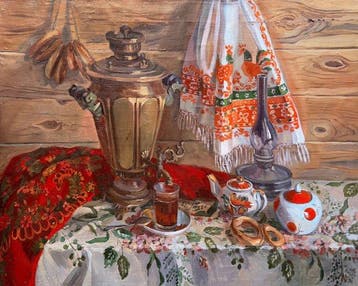 Olga Andreeva (1965) - Le Thé au Samovar – Intérieur Russe