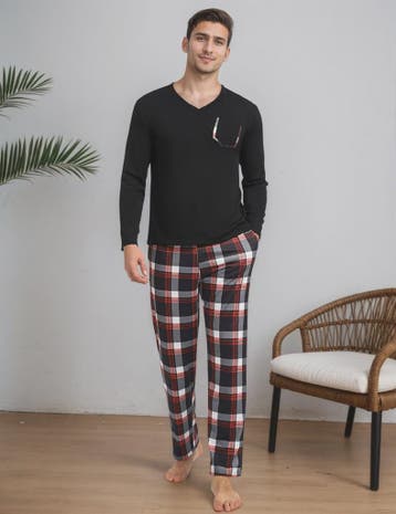 Herenset: Geruite Katoenen Pyjama met V-hals, Lange Mouwen e, Kleding | Heren, Verzenden, Nieuw