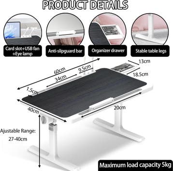 Laptoptafel - Bijzettafel - Verstelbaar - 60x40 cm - Wit/Zwa, Verzenden, Zo goed als nieuw