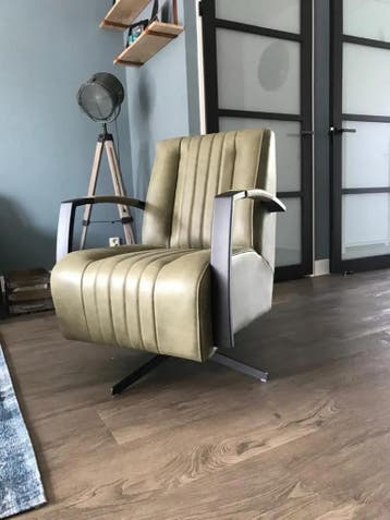 Leren draaifauteuil met stalen frame en stervoet - groen, Ophalen of Verzenden, Nieuw, Leer