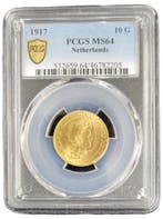 Gouden Wilhelmina 10 gulden 1917 MS64 gecertificeerd PCGS, Postzegels en Munten, Munten | Nederland, Verzenden, Goud, Koningin Wilhelmina