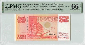 1991 Singapore 2 Dollars Pick 27 Pmg Gem Unc 66 Epq, Verzenden