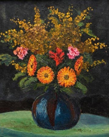 Franse school (XX) - Bouquet de fleurs au vase bleu