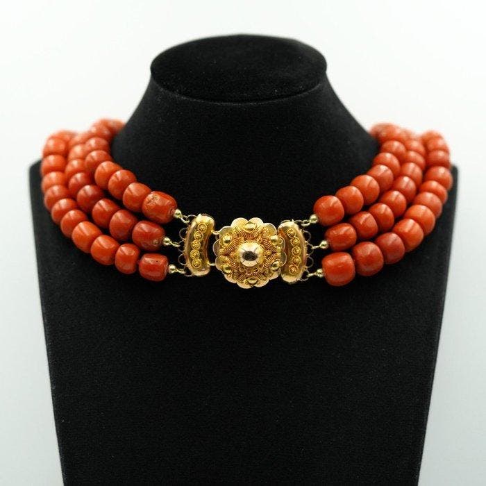 Ketting - 14 karaat Geel goud Bloedkoraal, Sieraden, Tassen en Uiterlijk, Antieke sieraden
