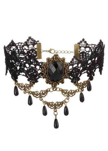 KIMU® Choker Ketting Zwart Kant Kraaltjes Roos Kanten Zwarte, Kunststof, Verstelbaar, Zwart, Nieuw