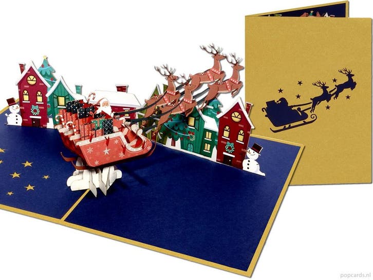 Gouden Pop-up Kerstkaart Kerstman & rendieren, Diversen, Wenskaarten, Verzenden