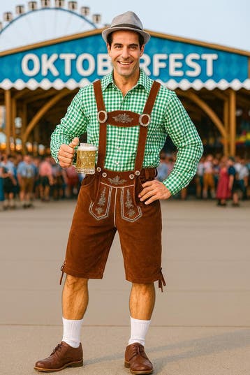 Groen Oktoberfest Kostuum met Bruine Lederhosen - Maat XXL, Kleding | Heren, Carnavalskleding en Feestkleding, Ophalen of Verzenden