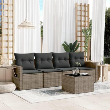 vidaXL 5-delige Loungeset met kussens poly rattan grijs, Verzenden, Nieuw, Loungeset