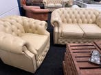 Chesterfield Maarssen !! Creme Leren 2 zitsbank + Fauteuil, Huis en Inrichting, Banken | Bankstellen, Ophalen, Zo goed als nieuw