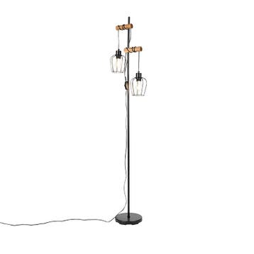 Landelijke vloerlamp zwart met hout 2-lichts - Stronk, Verzenden, Nieuw, Landelijk